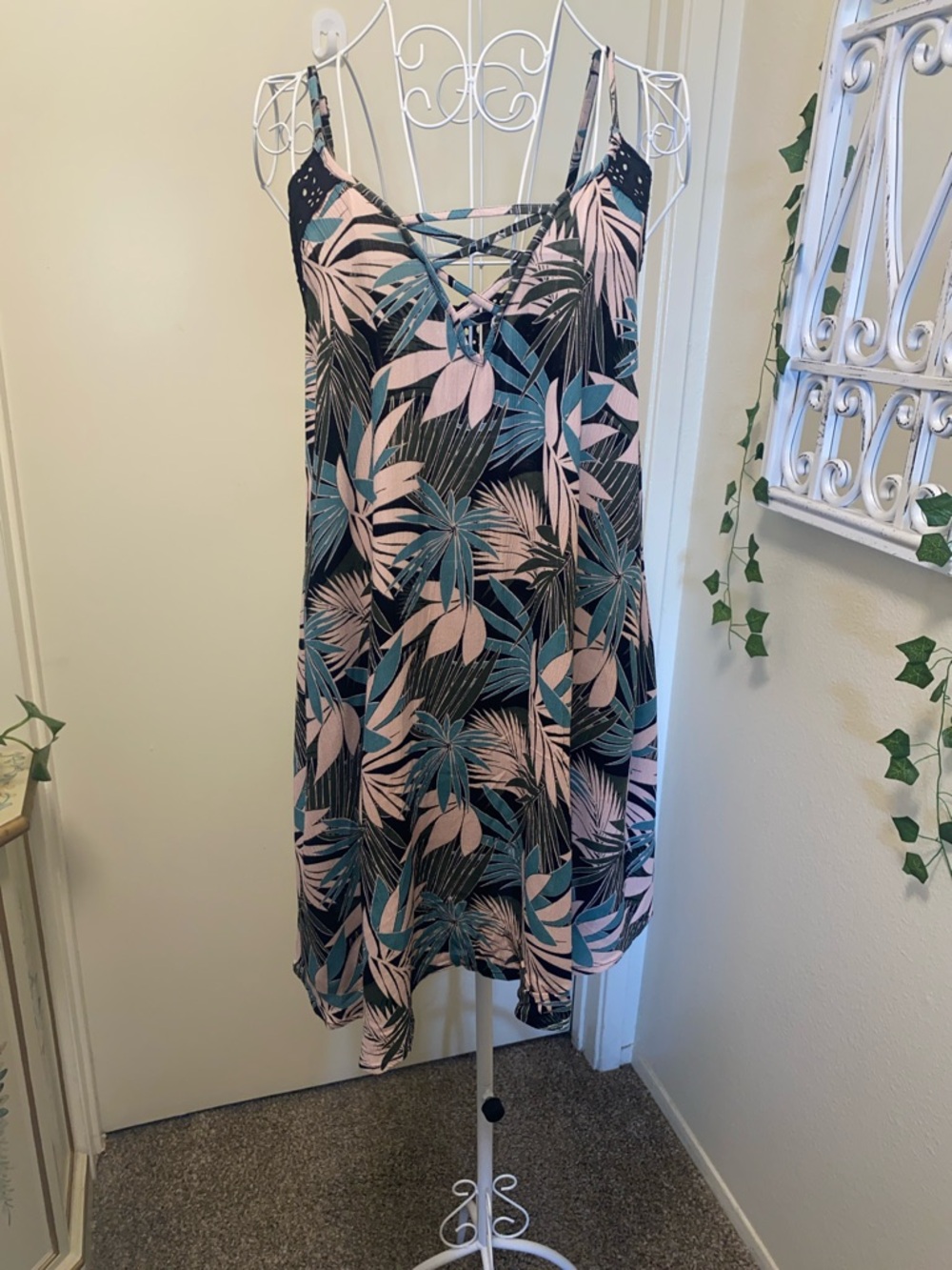 Roxy Tropical Palm Print Mini Dress in Black, Pink, Teal
